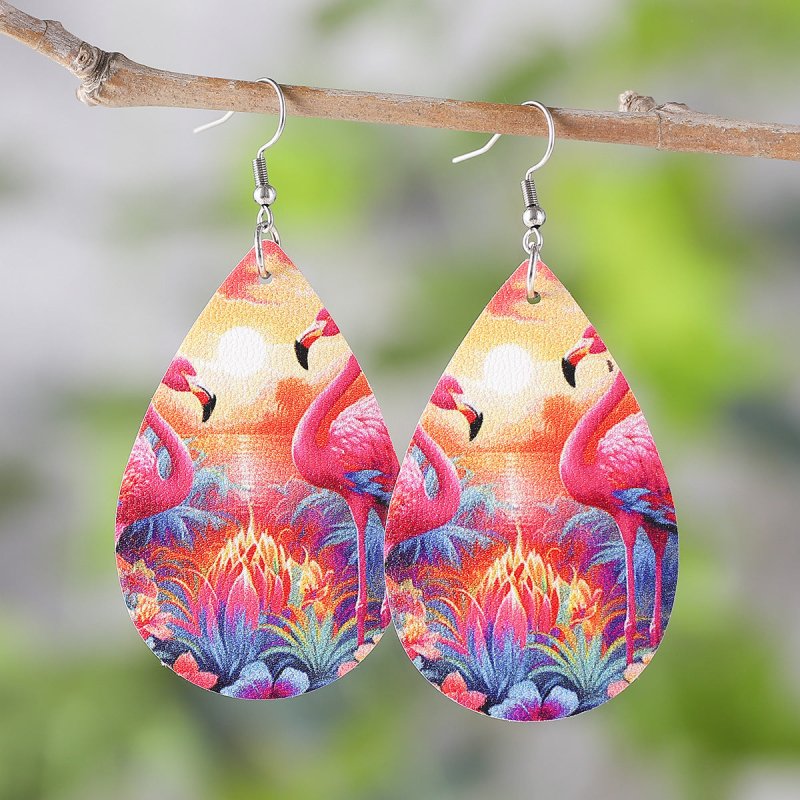 Double-sided Printed PU Leather Flamingo Earrings-Jewearrings