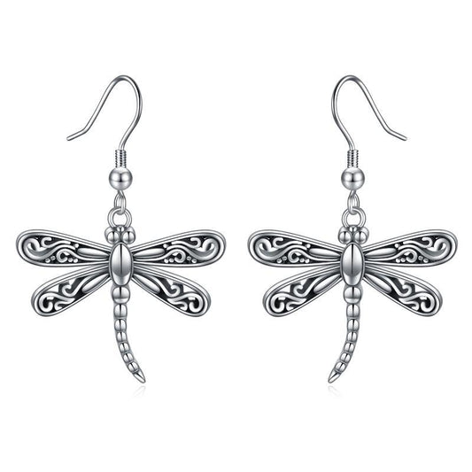 Dragonfly Dangle Drop Earrings Jewelry in Sterling Silver Oxidized-Jewearrings