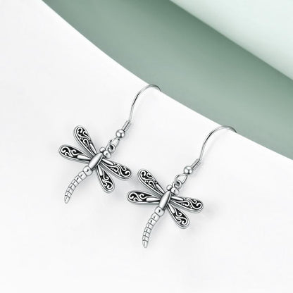 Dragonfly Dangle Drop Earrings Jewelry in Sterling Silver Oxidized-Jewearrings