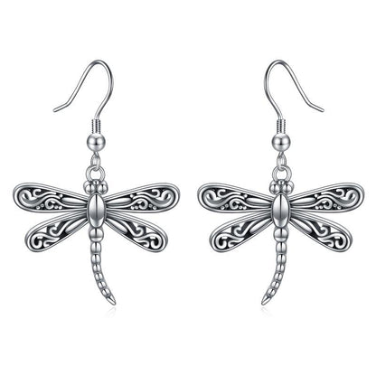 Dragonfly Dangle Drop Earrings Jewelry in Sterling Silver Oxidized-Jewearrings