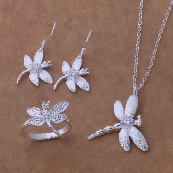 Dragonfly Diamond Earrings Necklace Ring Silver Plated Set-Jewearrings