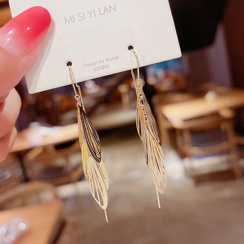 Dragonfly Point Water Leaves Tassel Hanging Earrings Female-Jewearrings