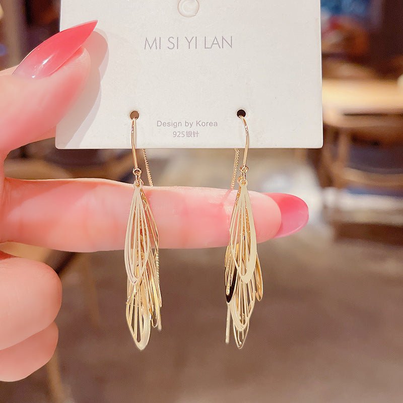 Dragonfly Point Water Leaves Tassel Hanging Earrings Female-Jewearrings