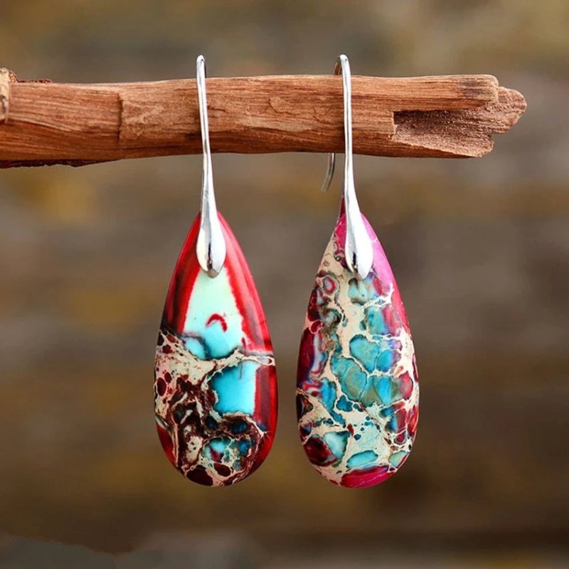 Drop-shaped Earrings Natural Stone Red And Blue Color Matching Earrings-Jewearrings