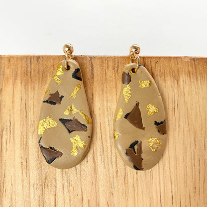 Drop-shaped Gold Foil Design Leopard Flower Polymer Clay Earrings-Jewearrings