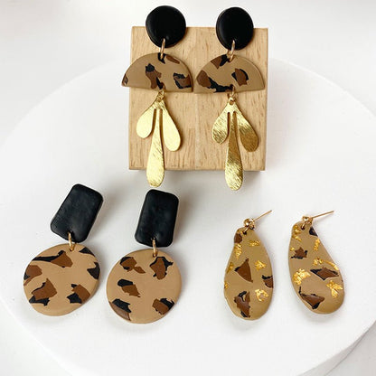 Drop-shaped Gold Foil Design Leopard Flower Polymer Clay Earrings-Jewearrings