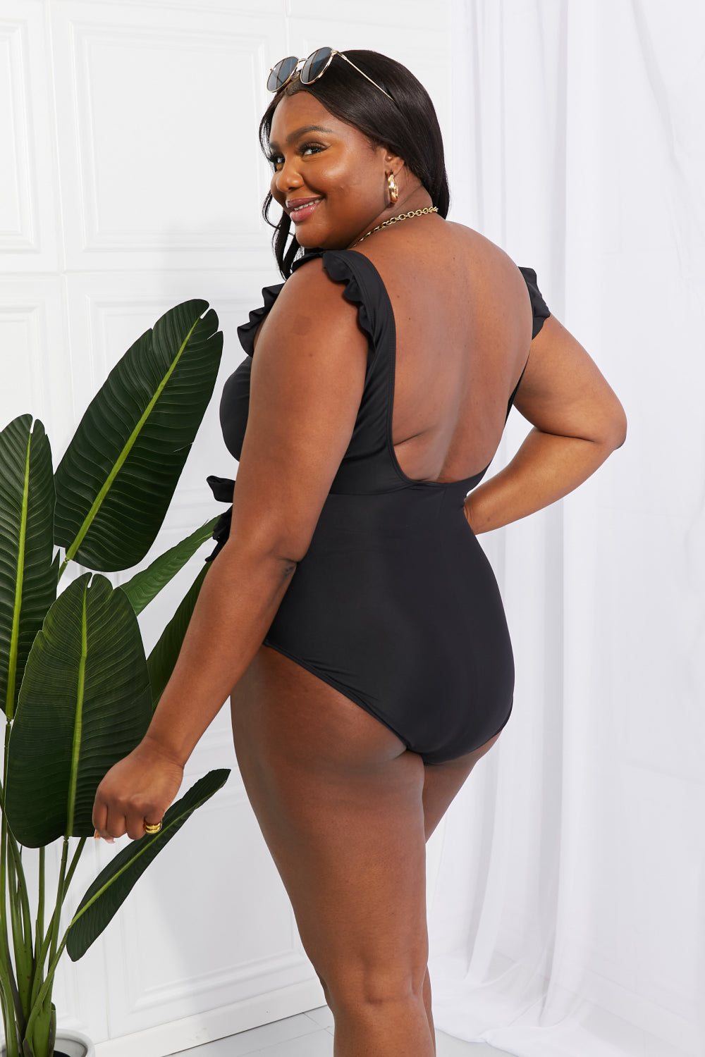 Marina West Swim Full Size Float On Ruffle Faux Wrap One-Piece in Black-Jewearrings