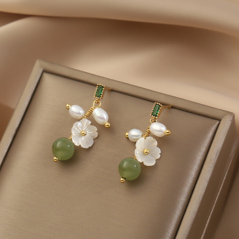 Female S925 Silver Needle Natural Hetian Jade Flower Earrings-Jewearrings