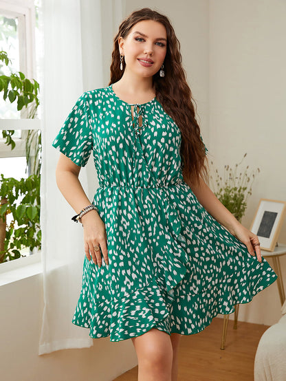 Plus Size Printed Tie Neck Ruffled Dress-Jewearrings