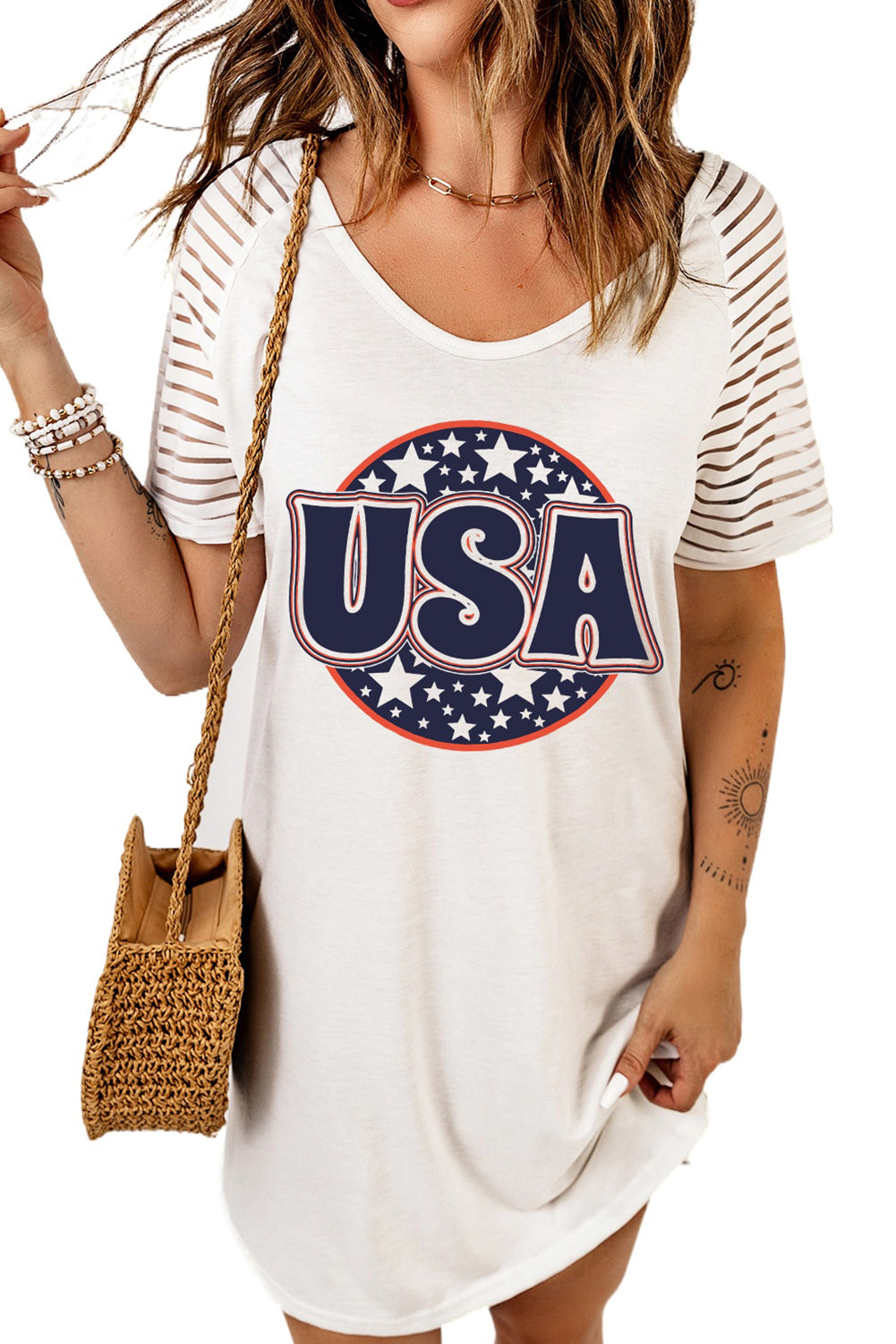 USA Sheer Striped Sleeve Tee Dress-Jewearrings