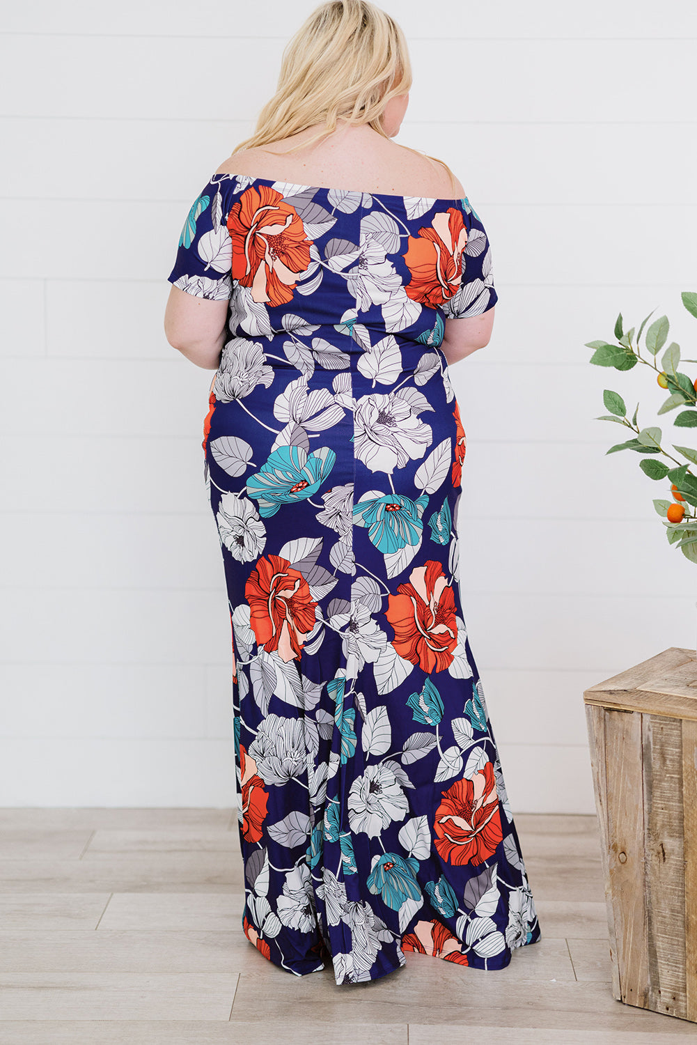 Plus Size Floral Off-Shoulder Short Sleeve Fishtail Dress-Jewearrings