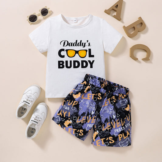 Kids DADDY'S COOL BUDDY Graphic Tee and Printed Shorts Set-Jewearrings