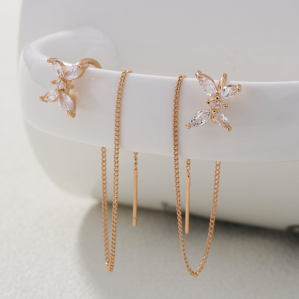 Cross Border Jewelry Personality Copper Micro Set Zircon Butterfly Ear Bone Clip Super Long Personality Tassel Ear Line Earrings-Jewearrings