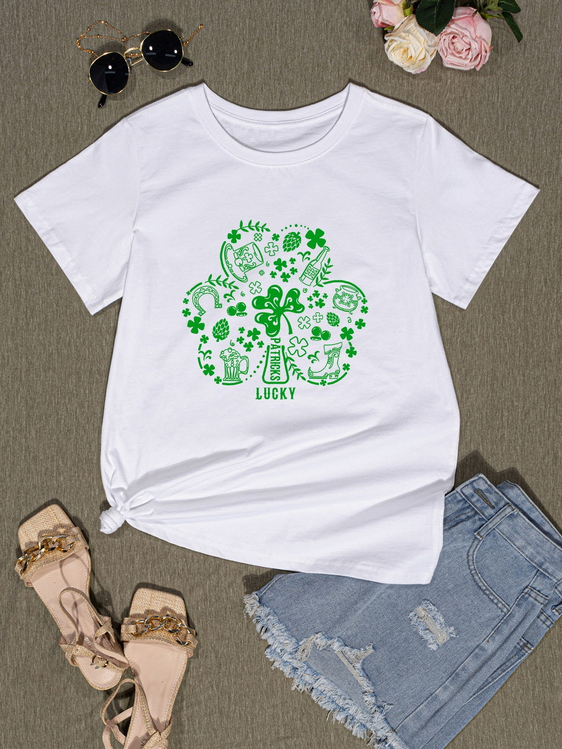 Lucky Clover Round Neck T-Shirt-Jewearrings