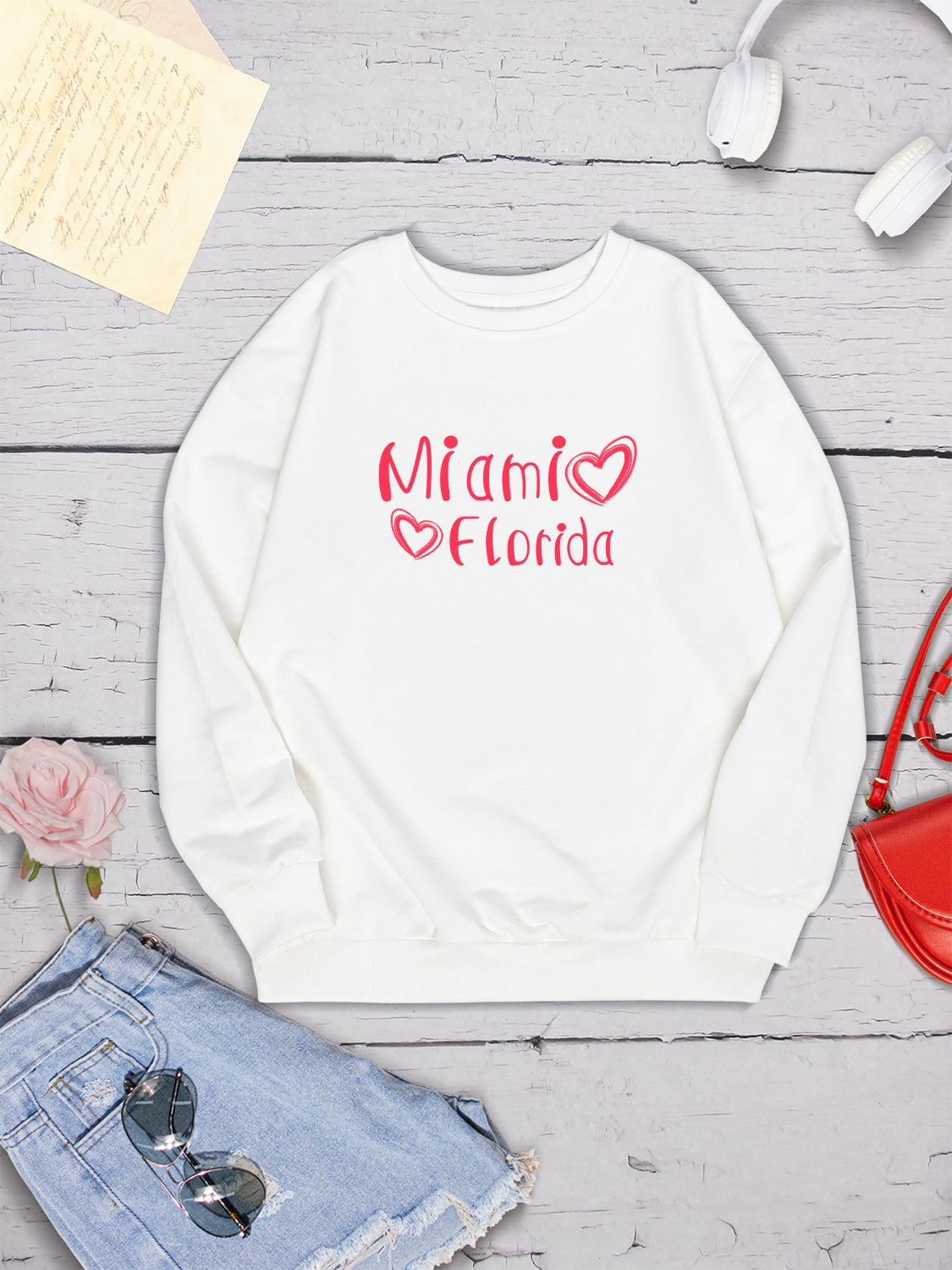 MIAMI FLORIDA Round Neck Dropped Shoulder Sweatshirt-Jewearrings