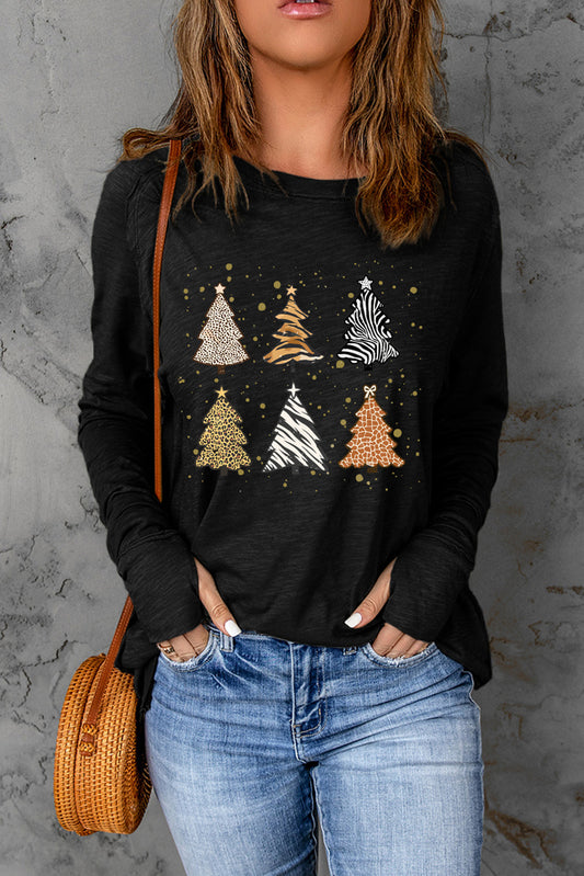 Christmas Tree Graphic Round Neck Long Sleeve T-Shirt-Jewearrings