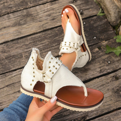 Studded Raw Hem Flat Sandals-Jewearrings