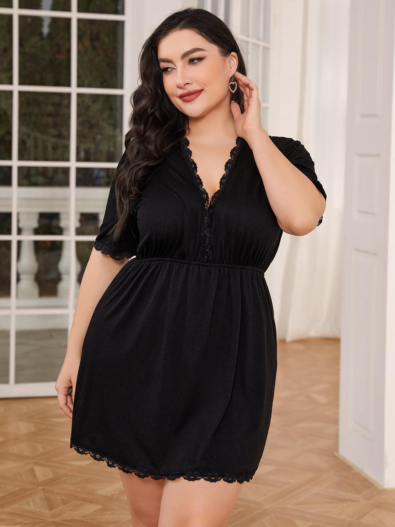 Plus Size Lace Trim Deep V Night Dress-Jewearrings