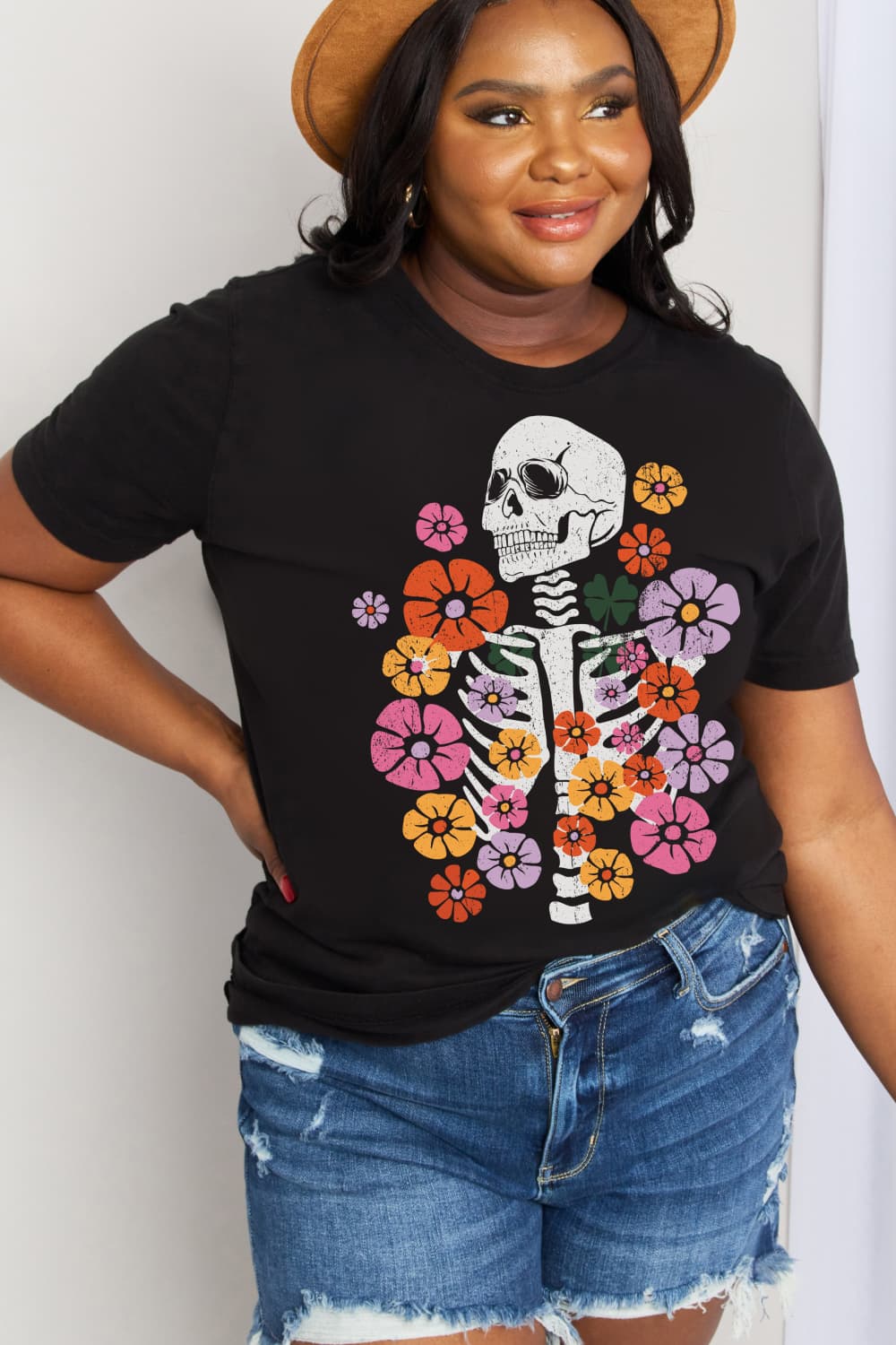 Simply Love Simply Love Full Size Skeleton & Flower Graphic Cotton Tee-Jewearrings