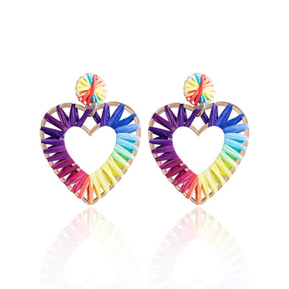 Large Oval Heart Raffia Dangle Earrings For Women Boho Colorful Geometric Statement Earrings-Jewearrings