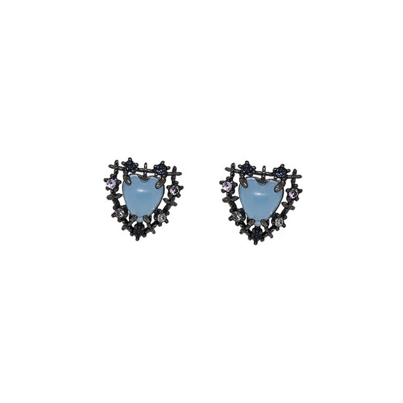 Silver Needle Temperament Black Micro-inlaid Zircon Heart Earrings-Jewearrings