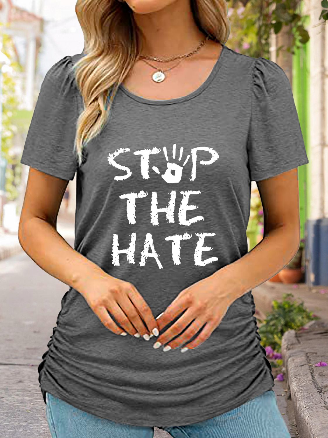 Round Neck Short Sleeve STOP THE HATE Graphic T-Shirt-Jewearrings