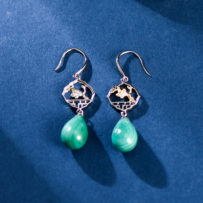 S925 Silver Chinese Ancient Style Window Plum Drop-shaped Malachite Earrings-Jewearrings