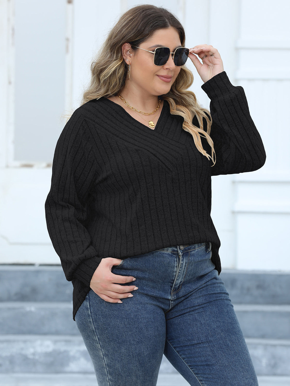 Plus Size Ribbed V-Neck Long Sleeve Top-Jewearrings