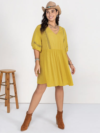 Plus Size Eyelet Swiss Dot Half Sleeve Mini Dress-Jewearrings