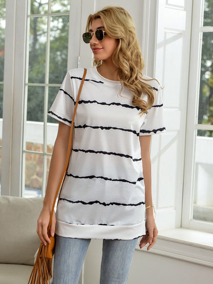 Striped Round Neck Short Sleeve T-Shirt-Jewearrings