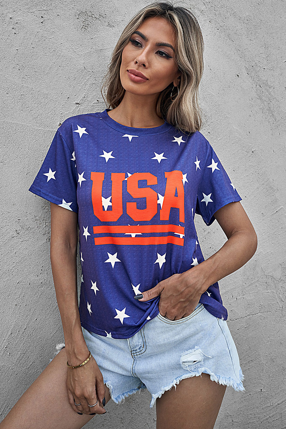 USA Star Print Round Neck T-Shirt-Jewearrings