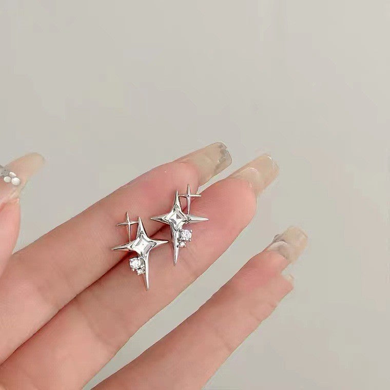 Four Awn Star Cross Zircon Earrings S925 Silver Needle Star Ornaments-Jewearrings