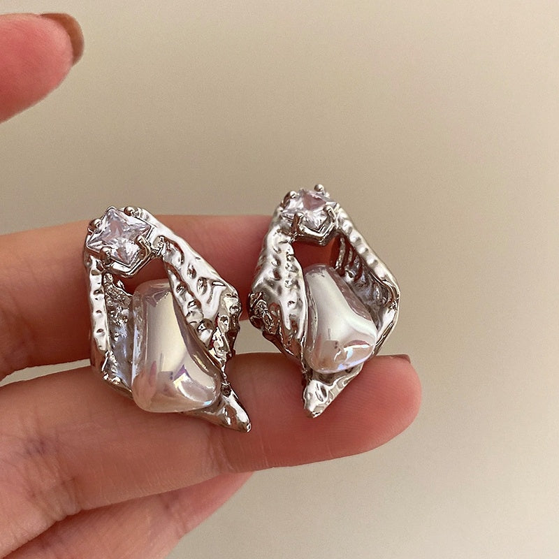 Vintage Irregular Pearl Zircon Earrings-Jewearrings