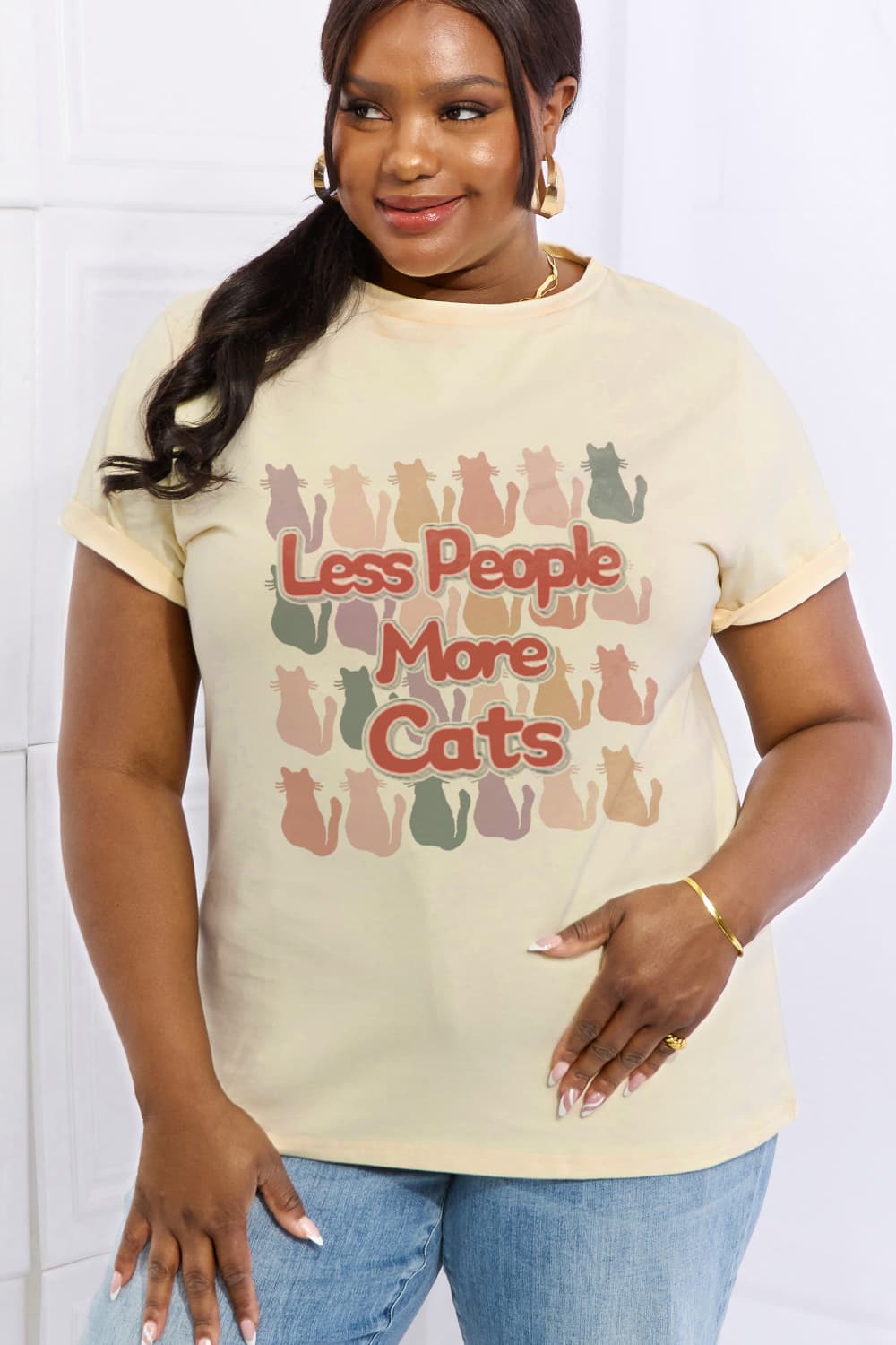 Simply Love Full Size LESS PEOPLE MORE CATS Graphic Cotton Tee-Jewearrings