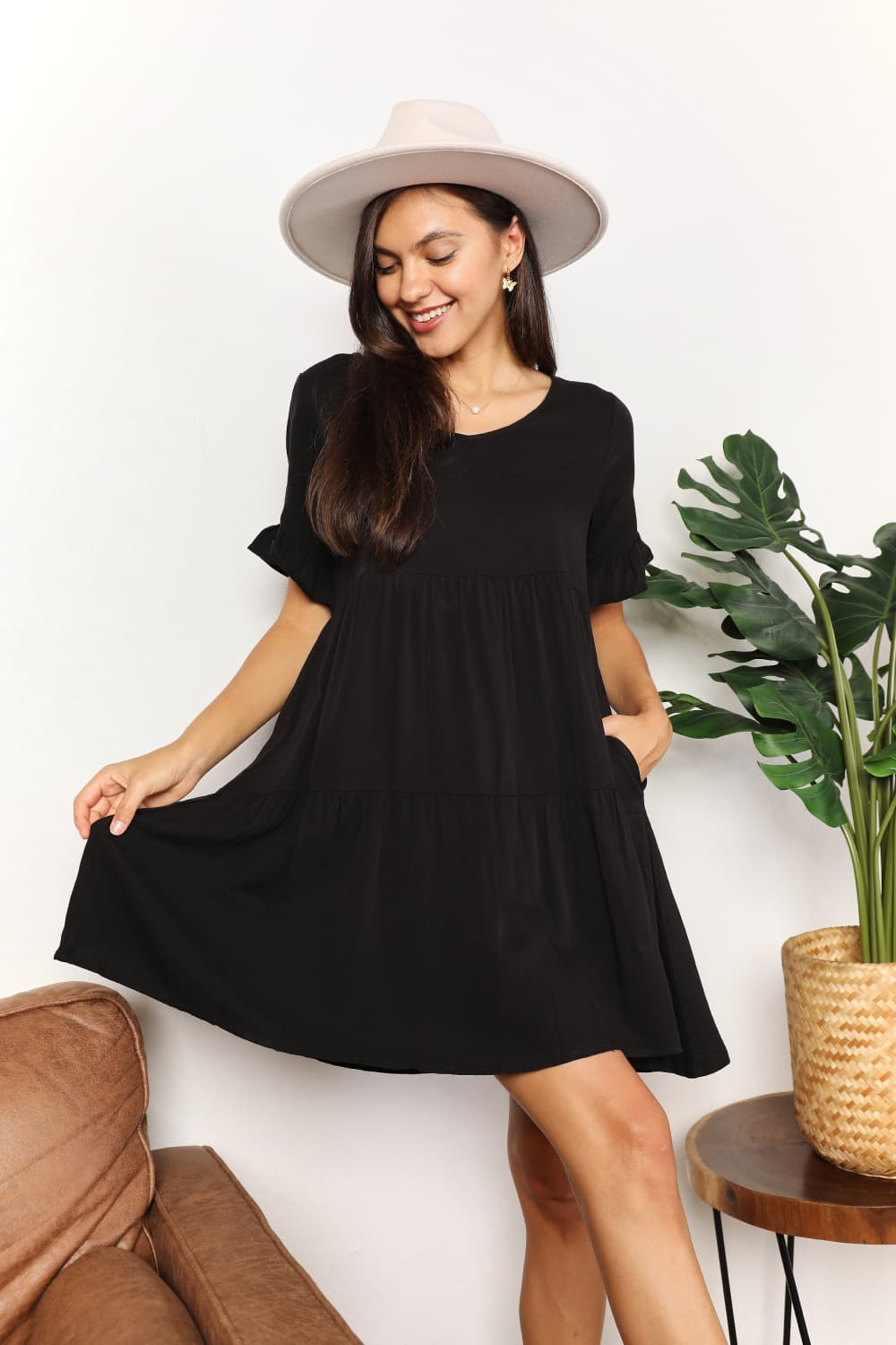 V-Neck Flounce Sleeve Tiered Dress-Jewearrings