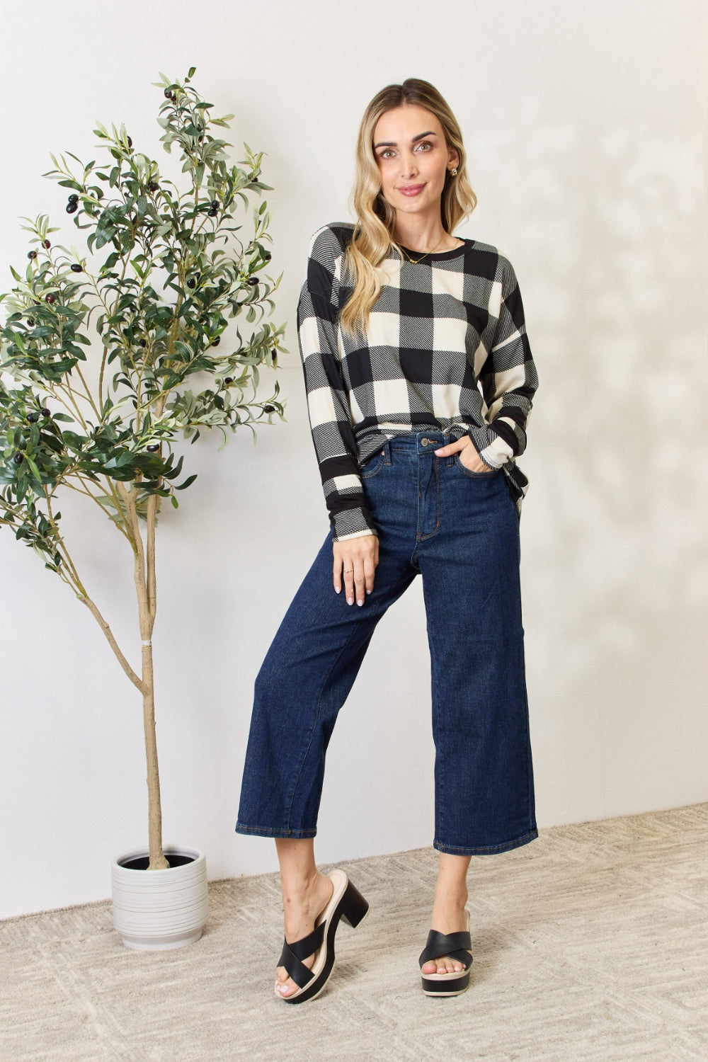 Celeste Full Size Plaid Round Neck Long Sleeve T-Shirt-Jewearrings