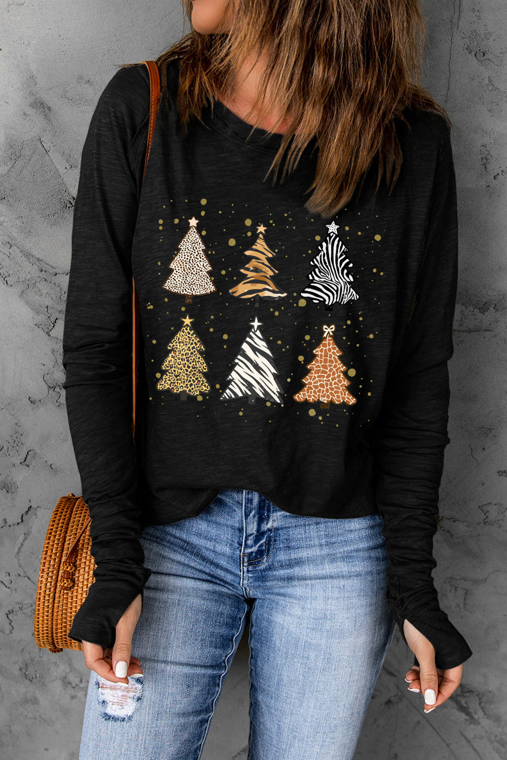 Christmas Tree Graphic Round Neck Long Sleeve T-Shirt-Jewearrings