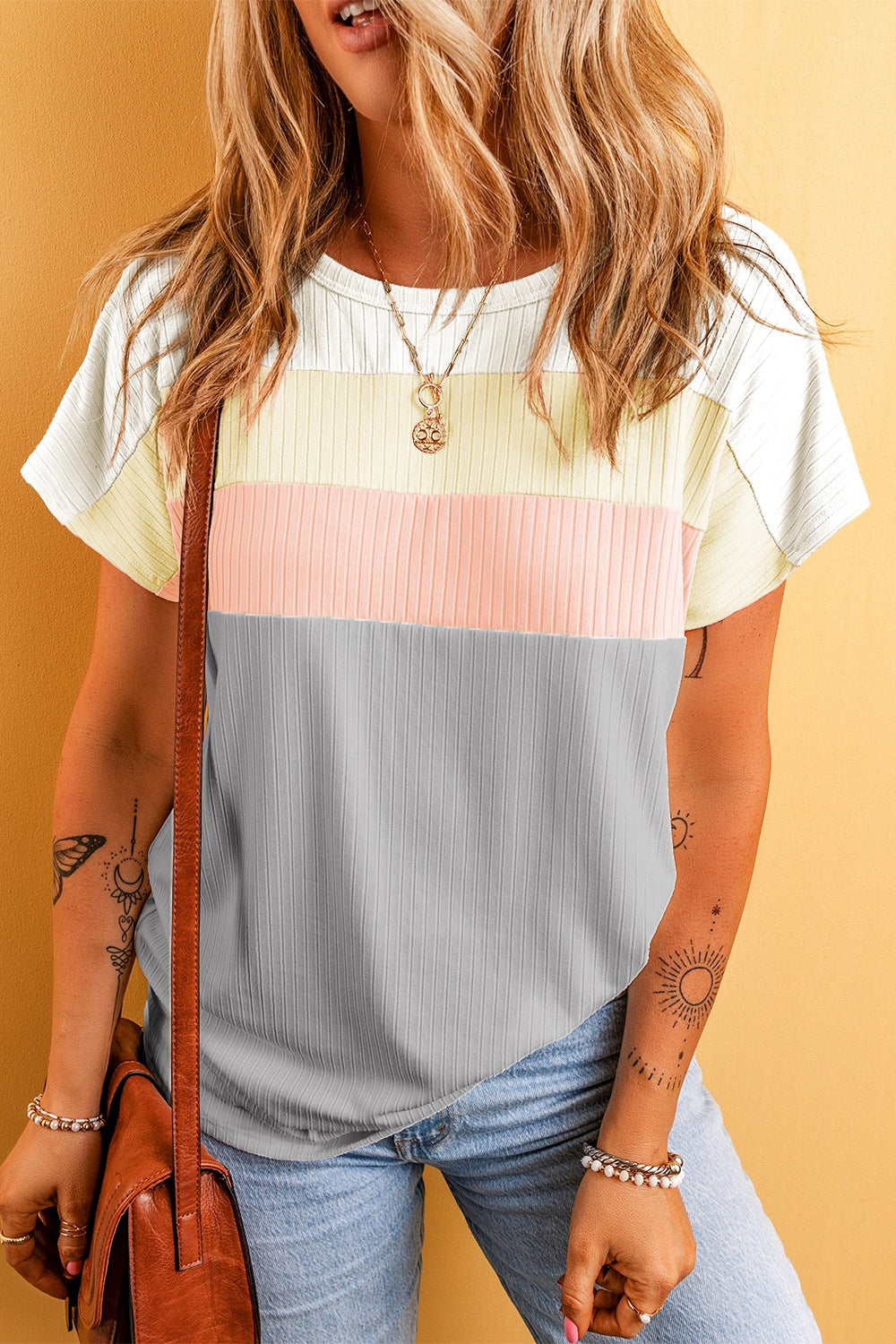 Color Block Round Neck Short Sleeve T-Shirt-Jewearrings