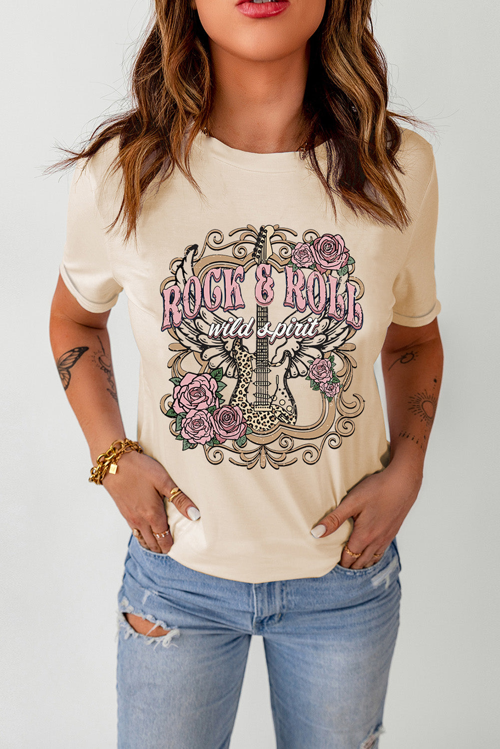 ROCK & ROLL Graphic Cuffed Short Sleeve Tee-Jewearrings