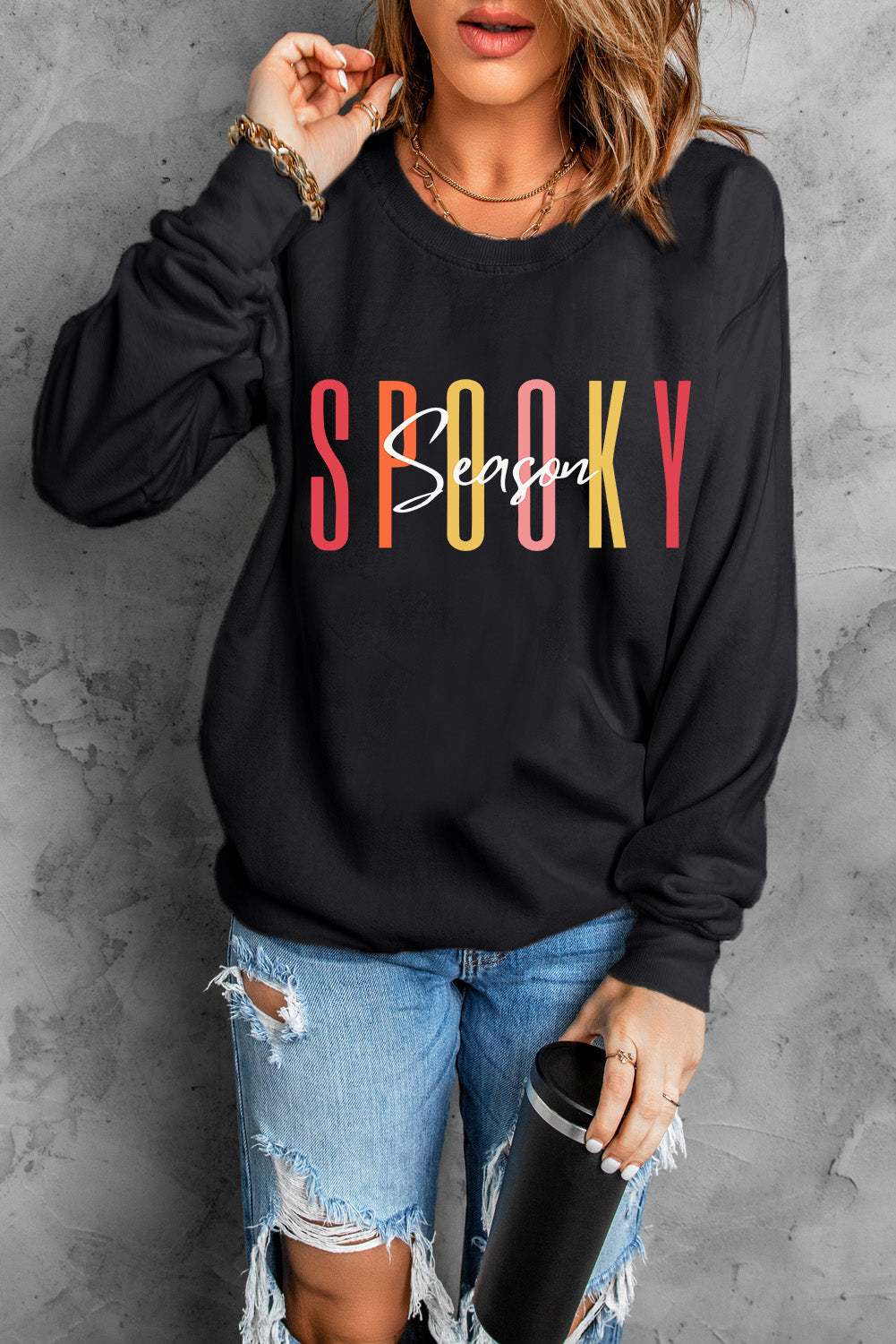 Round Neck Long Sleeve SPOOKY SEASON Graphic Sweatshirt-Jewearrings