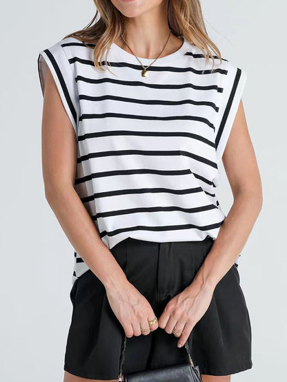 Striped Round Neck Cap Sleeve T-Shirt-Jewearrings