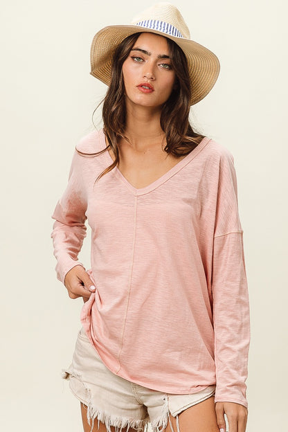 BiBi Exposed Seam V-Neck Long Sleeve T-Shirt-Jewearrings