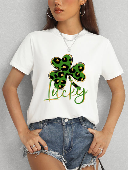 Lucky Clover Round Neck Short Sleeve T-Shirt-Jewearrings