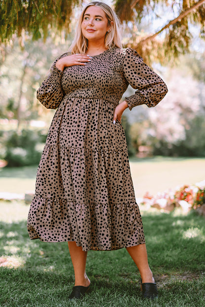 Plus Size Animal Print Smocked Tiered Dress-Jewearrings