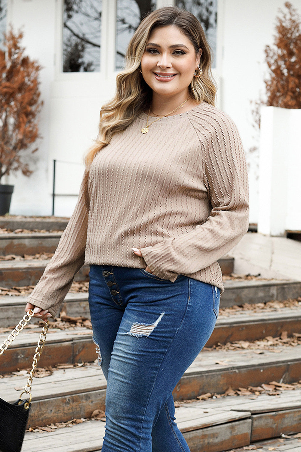 Plus Size Round Neck Long Sleeve T-Shirt-Jewearrings