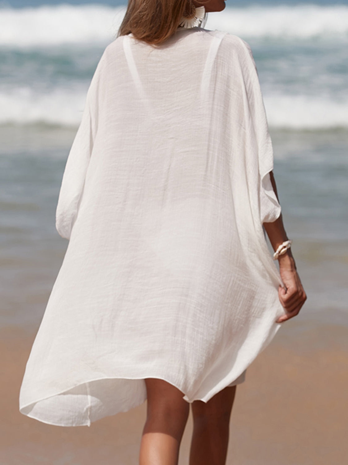 Cutout V-Neck Three-Quarter Sleeve Cover Up-Jewearrings