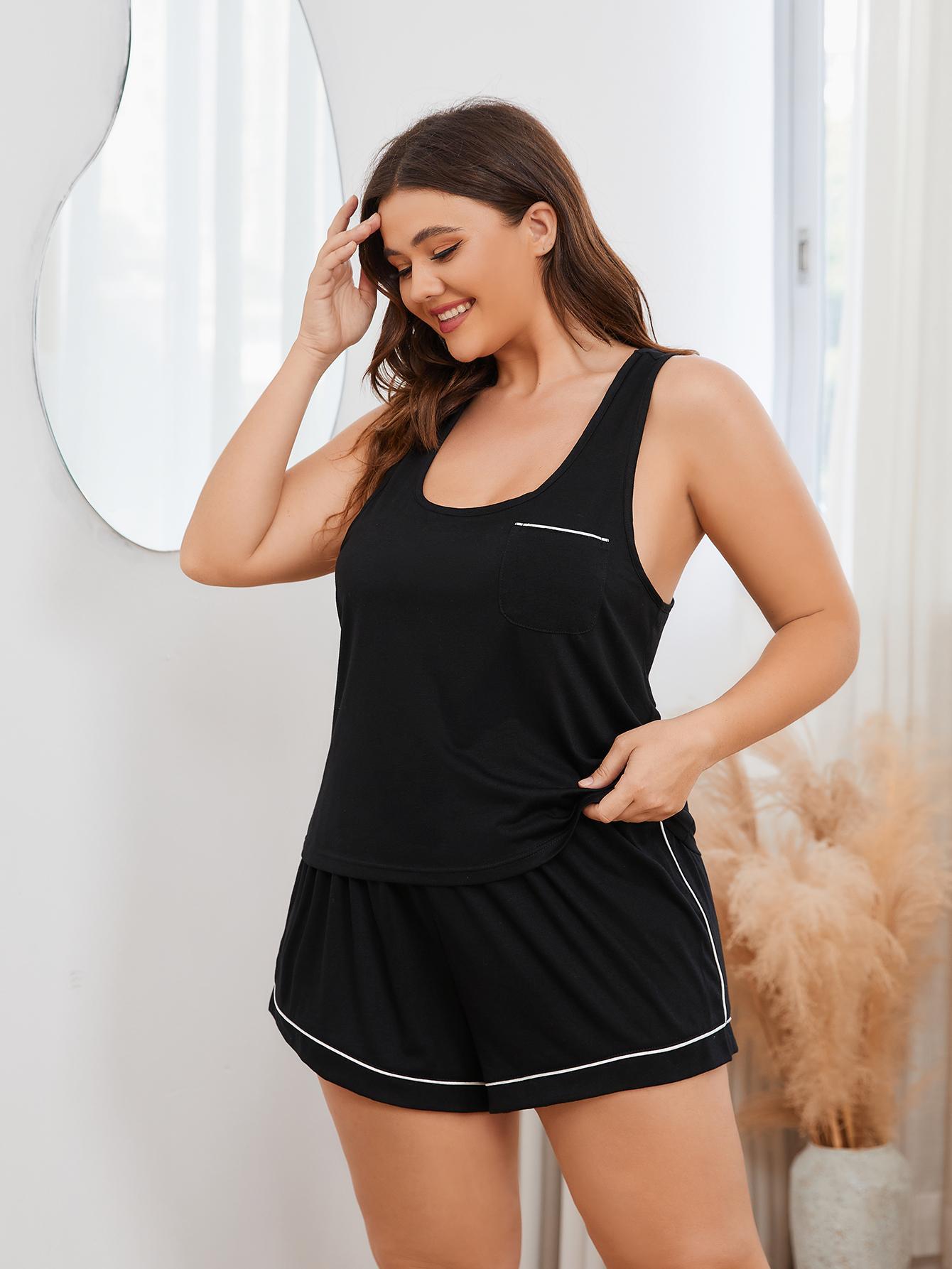 Plus Size Contrast Piping Racerback Tank and Shorts Lounge Set-Jewearrings