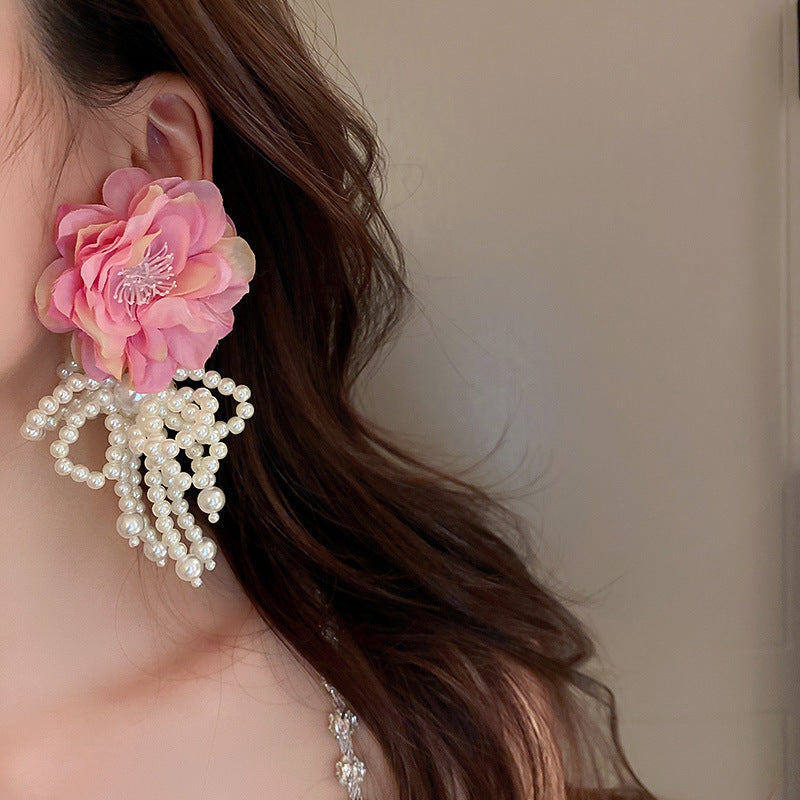 Women's Fashion Vintage Floral Bow Pearl Tassel Earrings-Jewearrings