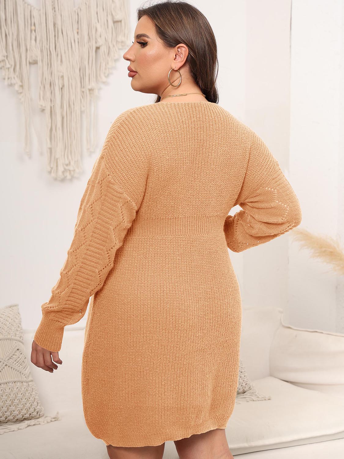 Plus Size Dropped Shoulder Long Sleeve Knit Mini Dress-Jewearrings