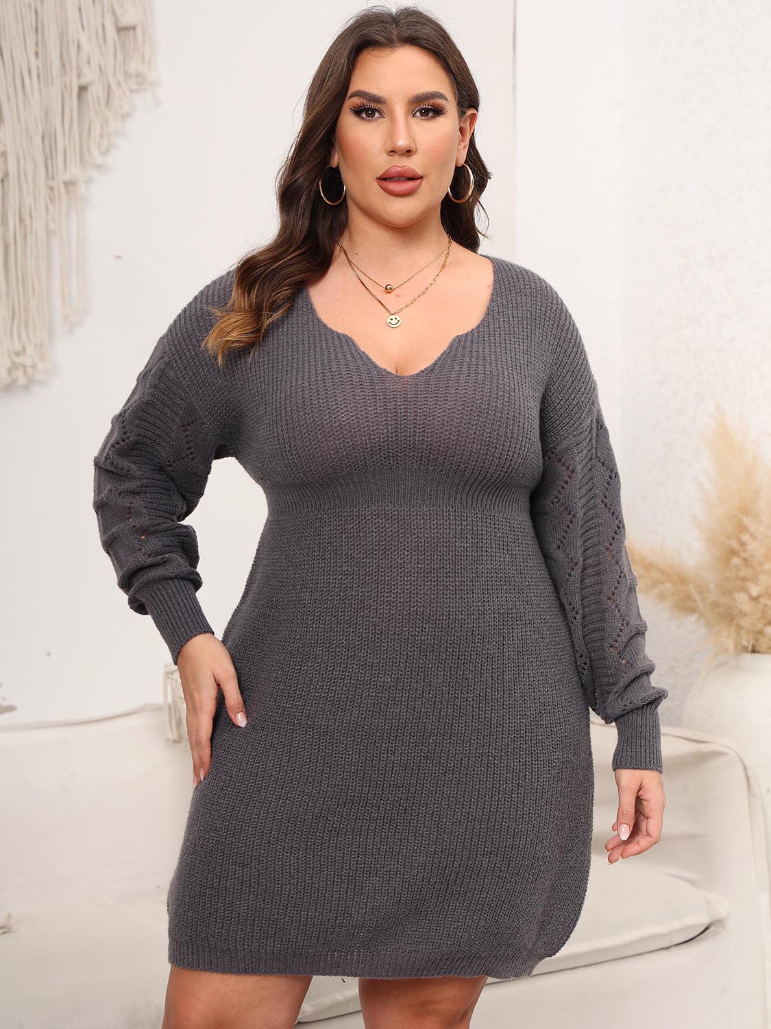 Plus Size Dropped Shoulder Long Sleeve Knit Mini Dress-Jewearrings